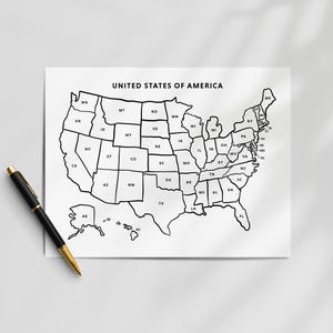 Carte des États-Unis imprimable avec les abréviations des États-Unis : contour des États-Unis étiqueté, carte géographique des États-Unis, enseignement imprimable (format US Letter et A4, téléchargement)