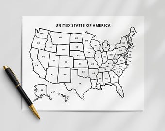 Printable US Map with State Abbreviations: Labeled United States Outline, USA Geography Map, Teaching Printable (US Letter & A4, Download)