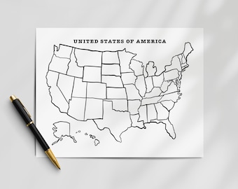 Mapa imprimible de EE. UU. en blanco: Esquema de Estados Unidos sin etiquetar, cuestionario y página para colorear, hoja de práctica de EE. UU., herramienta didáctica (PDF, descarga digital)