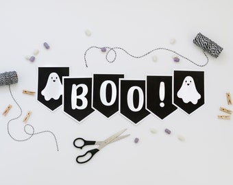 Printable Halloween BOO Banner, Black and White Ghost Garland, Spooky Party Decor (PDF Download)