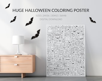 Huge Halloween Doodles Coloring Poster: Giant Coloring Sheet, Kids Halloween Party Activity (Size 24x36, 30x42, 36x48, Digital Download)
