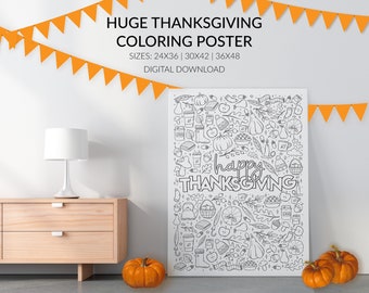 Großes Thanksgiving Poster zum Ausmalen, Kinder Danksagung Aktivität, große Herbst Färbung Poster Seite, Größen 24x36, 30x42, 36x48, digitaler Download