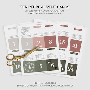 Tarjeta de Adviento con versículos bíblicos para imprimir, 24 tarjetas navideñas con versículos bíblicos, lee un versículo cada día hasta Navidad, PDF, tamaño carta de EE. UU.