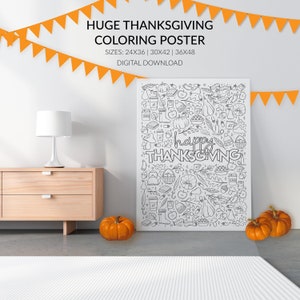 Huge Thanksgiving Coloring Poster, Kids Thanksgiving Activity, Big Fall Coloring Poster Page, Sizes 24x36, 30x42, 36x48, Digital Download