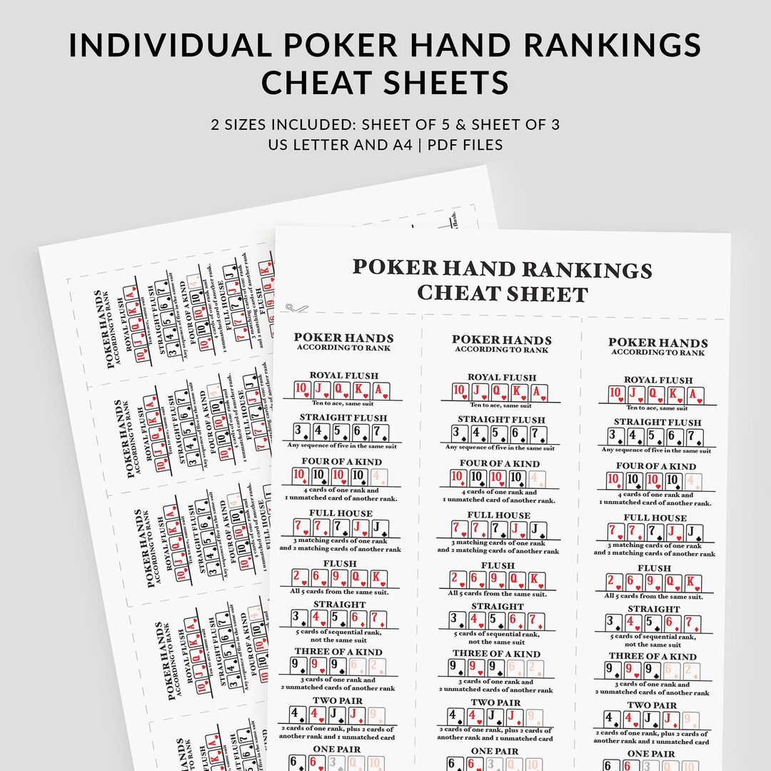 Individual Poker Hand Ranking Cheat Sheets, Poker Printable, Names