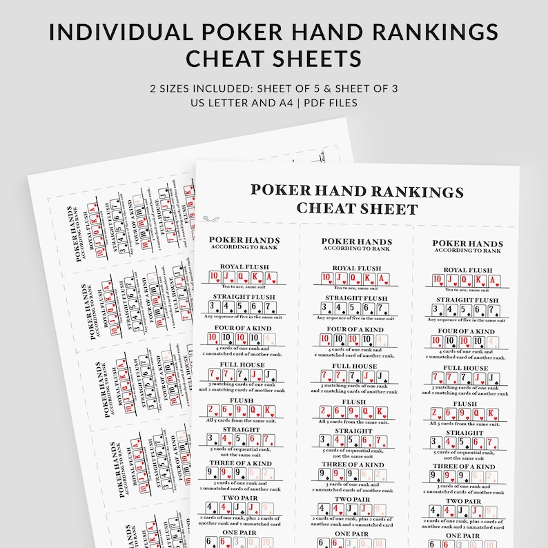 Individual Poker Hand Ranking Cheat Sheets Poker Printable - Etsy