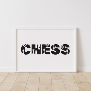 Horizontal Chess Wall Art, Black and White Chess Art with Pieces, Printable Chess Art, Chess Print, Chess Poster, Game Room Decor, Download