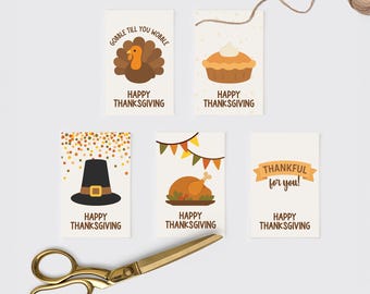 Printable Happy Thanksgiving Gift Tags Set: 5 Unique Holiday Designs, Turkey Pie Pilgrim Hat Thankful For You Fall Tags (Digital PDF)