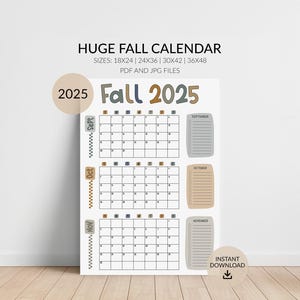 Huge 2025 Fall Wall Calendar, Large Fall 3-Month Calendar, Sept-Nov, Monthly Checkoff, Sizes 18x24, 24x36, 30x42, 36x48, Digital Download