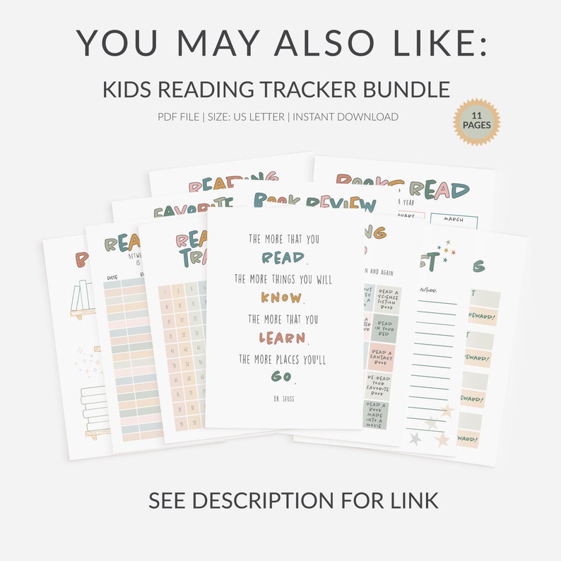 K&ouml;nnte beinhalten: Ein druckbares Bundle mit 11 Seiten Lesetrackern f&uuml;r Kinder. Die Seiten zeigen bunte Illustrationen und Text, der lautet: "Je mehr du liest, desto mehr wirst du wissen. Je mehr du lernst, desto mehr Orte wirst du bereisen."