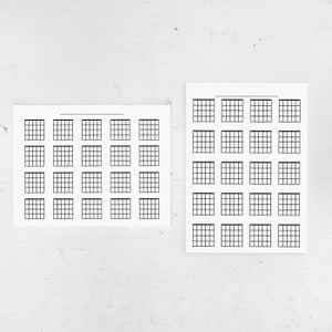 Afdrukbare blanco gitaarakkoordengrafiek, 20 lege akkoordvakken verticaal en horizontaal, US Letter & A4 PDF Gitaarmuziekprint, muziekeducatie