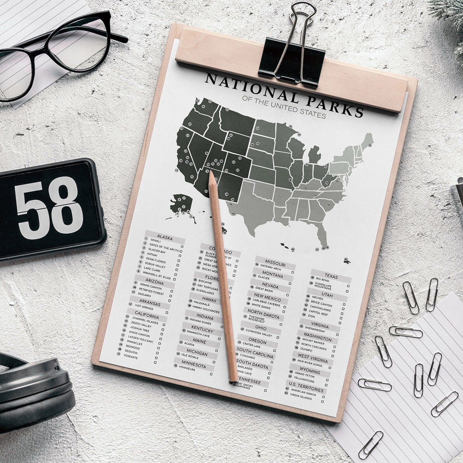 United States National Parks Map Poster and Checklist: Printable Bucket