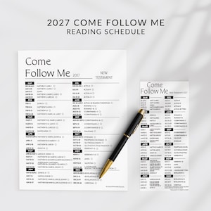 May include: A 2027 Come Follow Me New Testament reading schedule printed on two white paper sheets of different sizes, featuring black text and checkboxes for tracking progress, accompanied by a black and gold ballpoint pen resting on the paper.