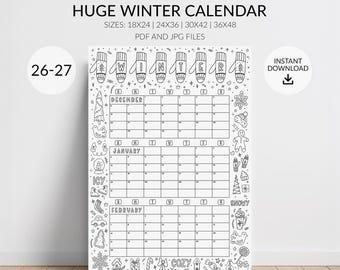 Winter 2026-2027 Coloring Wall Calendar: Large 3 Month Wall Planner, Holiday Color-In Calendar for Kids and Families (Digital Download)