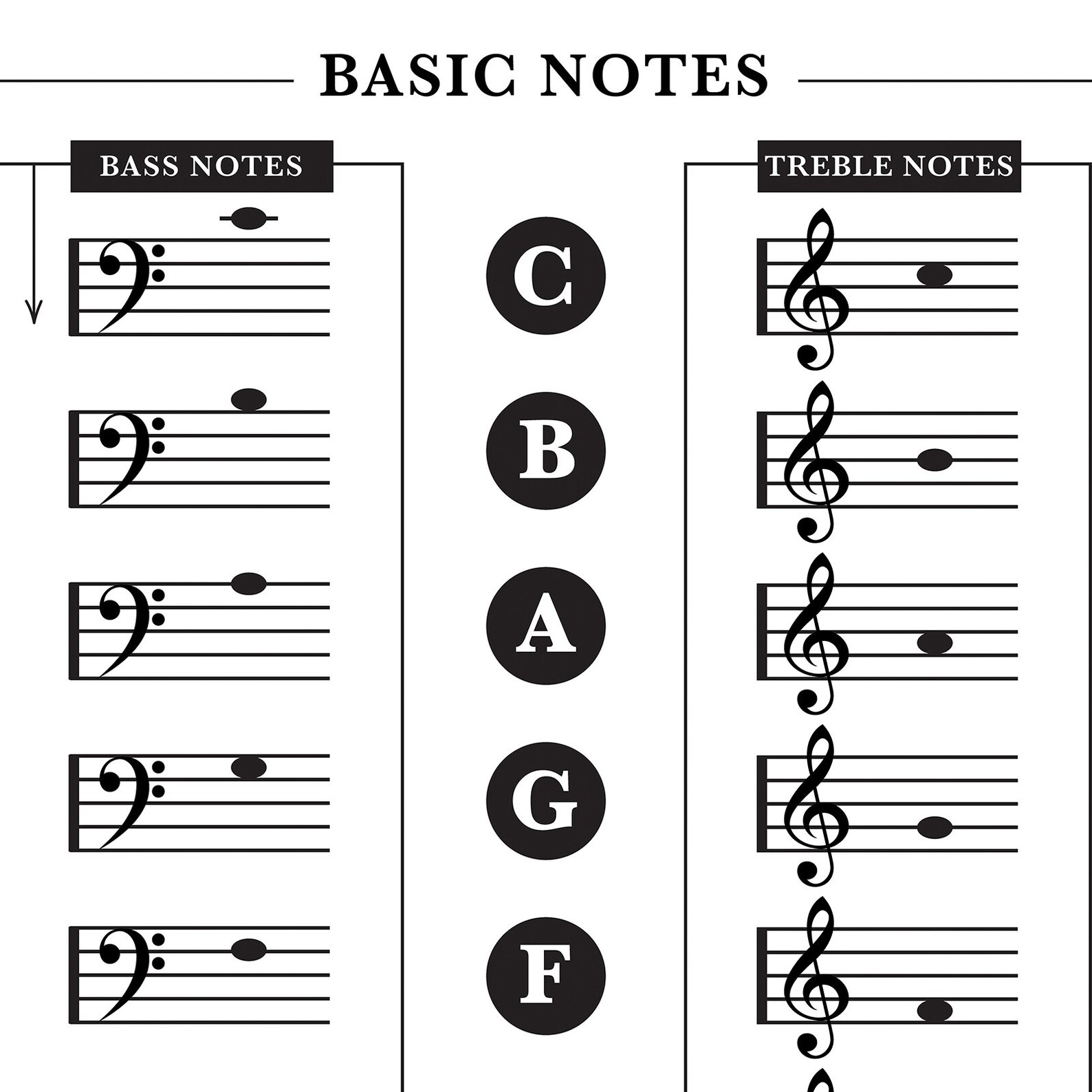 Basic Notes Poster: Beginner Notes for Bass Clef & Treble Clef, Music ...