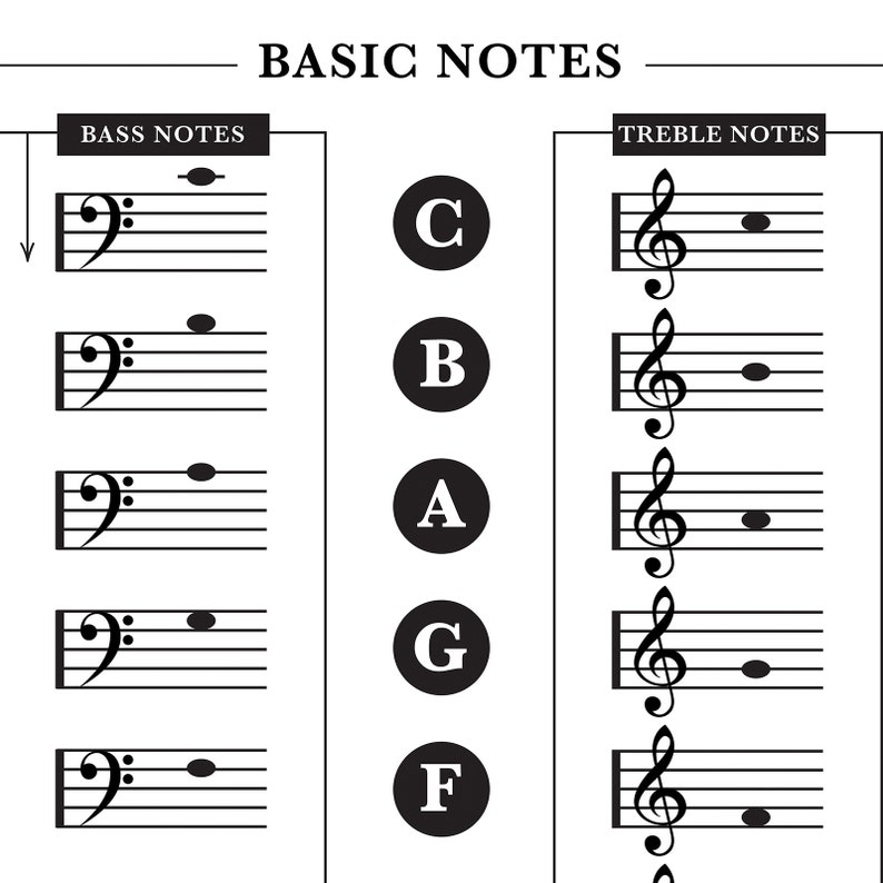 Basic Notes Poster: Beginner Notes for Bass Clef & Treble Clef, Music ...