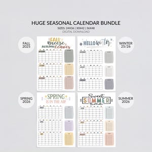 2025-2026 Seasonal Calendar Set: Large Printable Wall Planners (Digital Download, JPG, 24x36, 30x42, 36x48 inches)