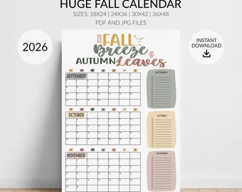 2026 Fall Wall Calendar: Large 3-Month Planner with Checkoff List, Huge Fall Calendar for Kids and Families (Digital Download, PDF & JPG)