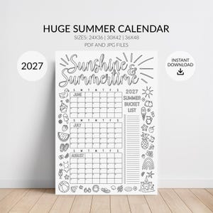 May include: A black and white printable 2027 summer calendar featuring the text Sunshine & Summertime. The design includes monthly grids for June, July, and August, a summer bucket list, and various summer-themed line art illustrations.
