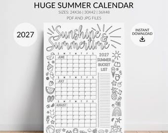 May include: A black and white printable 2027 summer calendar featuring the text Sunshine & Summertime. The design includes monthly grids for June, July, and August, a summer bucket list, and various summer-themed line art illustrations.
