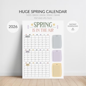 Large 2026 Spring Calendar, Big Spring Planner, Monthly Checkoff for March-May, Sizes 18x24, 24x36, 30x42, 36x48, PDF, JPG, Digital Download