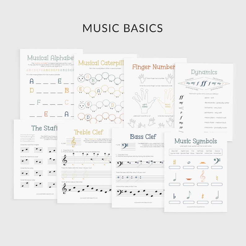 Op de afbeelding: Een set met printbare muziekwerkbladen voor kinderen. De werkbladen behandelen het muzikale alfabet, vingergetallen, dynamiek, vioolsleutel, basssleutel en muzieksymbolen. De werkbladen zijn kleurrijk en bevatten schattige illustraties.