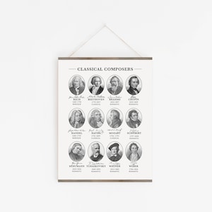 Classical Music Composers Print, Classical Musicians with Portraits and Signatures, Composer Poster, Bach Beethoven Brahms, Music Room Decor