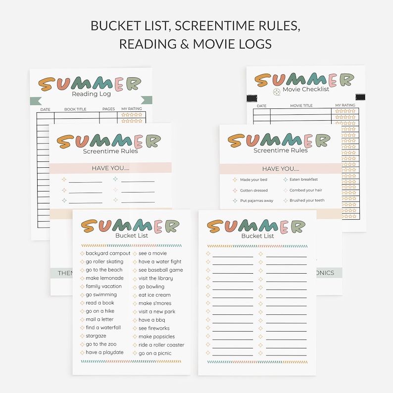 K&ouml;nnte beinhalten: Eine druckbare Sommer-Bucket-Liste, ein Lesetagebuch, eine Film-Checkliste und Bildschirmzeitregeln. Der Druckbare verf&uuml;gt &uuml;ber ein farbenfrohes Sommerthema mit einem hellrosa Hintergrund und einem farbenfrohen Sommer-Wortkunsttitel.
