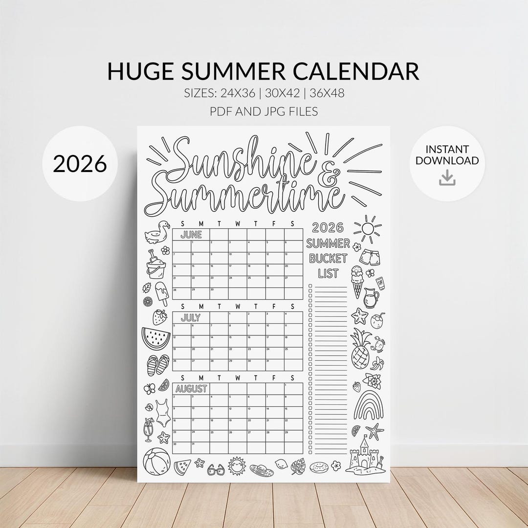 Kids Sommer Kalender Poster zum ausdrucken: Großer Ausmalplaner 2026