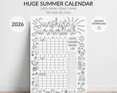 Kids Summer Calendar Poster Printable: Large 2026 Coloring Planner with Bucket List Checkoff (Sizes 24x36, 30x42, 36x48in, Digital Download)