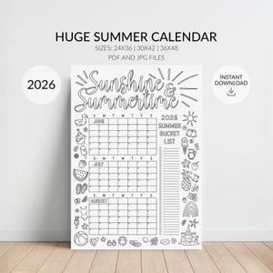 Large Summer 2026 Coloring Wall Calendar, Big Summer Planner Poster, Bucket List Checkoff, Sizes 24x36, 30x42, 36x48, Digital Download