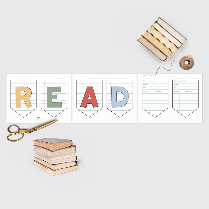 A vibrant reading banner spelling out “READ” on charming notebook paper with two library checkout card designs. Easy to assemble, it adds excitement to classrooms or homes, perfect for teachers or parents wanted to add a bit of fun to their reading nooks.