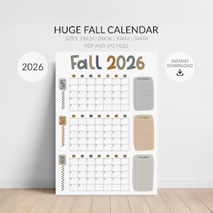 2026 Fall Wall Calendar: Large 3-Month Planner with Bucket List Checkoff, Huge Fall Calendar for Kids and Families (Download, PDF & JPG)