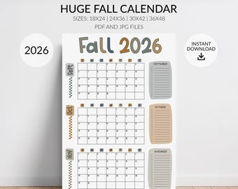 2026 Fall Wall Calendar: Large 3-Month Planner with Bucket List Checkoff, Huge Fall Calendar for Kids and Families (Download, PDF & JPG)