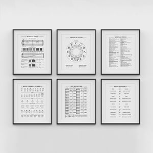 Muziektheorie poster set van 6, muzikale feiten, muziektermen, cirkel van 5e, muziekdynamiek, toonsoort, muzieksymbolen, muziekbundel