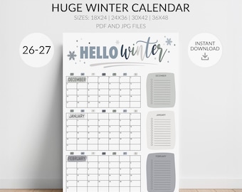 Large 2026-2027 Winter Wall Calendar: 3-Month Wall Planner with Checkoff List for Kids and Families (JPG & PDF, Digital Download)