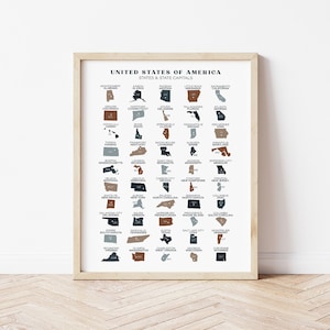 Affiche des capitales des États-Unis, tableau des capitales des États-Unis, art mural éducatif minimal, décoration colorée pour la salle de classe, école à la maison imprimable