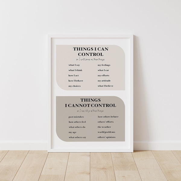 Things I Can and Cannot Control Poster, What To Focus On And What To Let Go Of Printable, Neutral Mental Health Poster, Therapy Poster