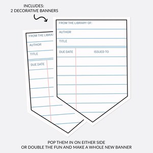 Puede incluir: Dos pancartas decorativas blancas con bordes negros, con l&iacute;neas para escribir. El texto incluye "De la biblioteca de:" y campos para autor, t&iacute;tulo y fecha de vencimiento. Las pancartas est&aacute;n dise&ntilde;adas para colocarse a ambos lados o duplicarse.