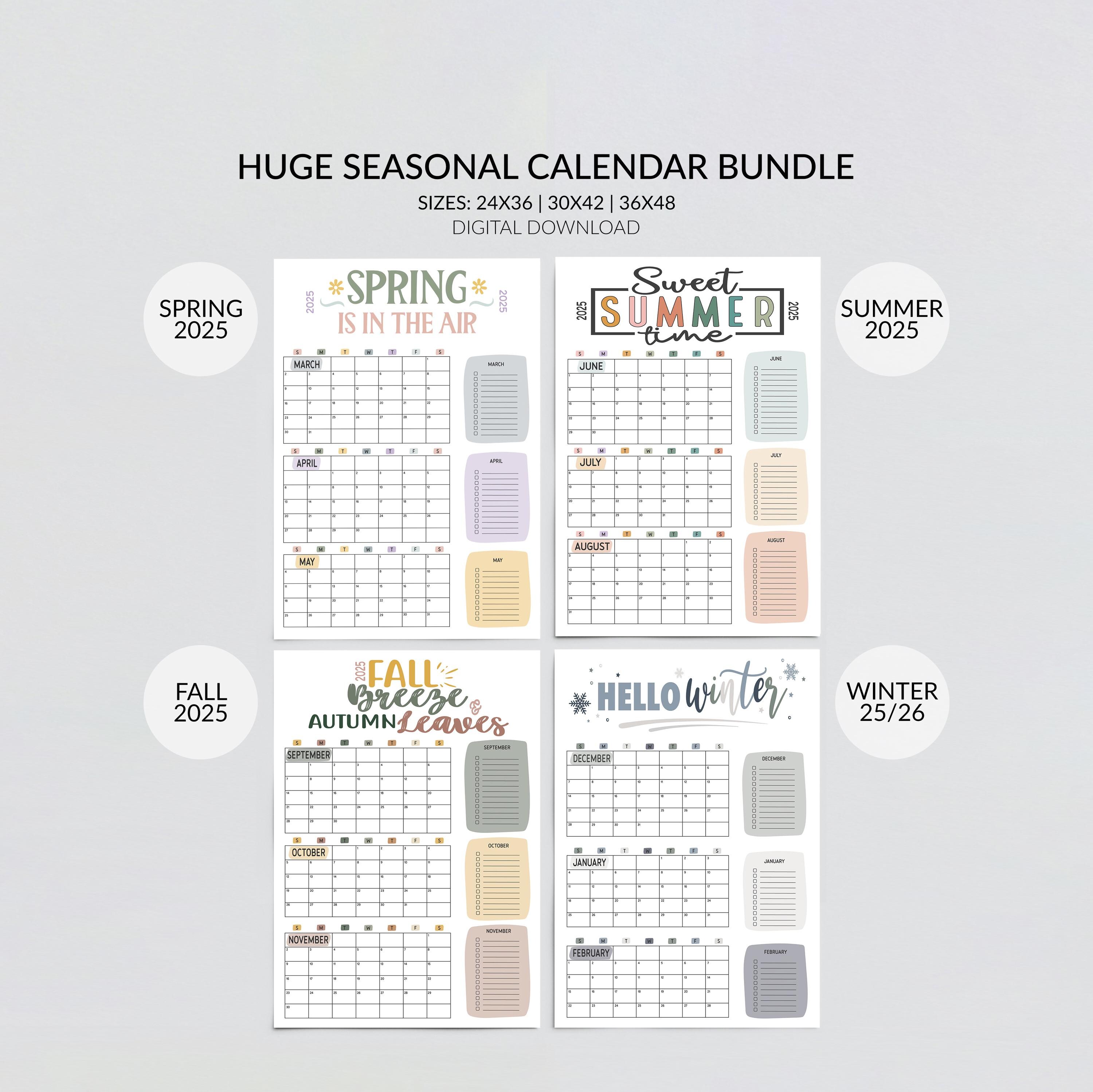Huge Seasonal Calendar Set of 4, Spring 2025, Summer 2025