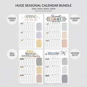 2026 Seasonal Calendar Set for Spring, Summer, Fall, and Winter: Printable Wall Planner (Digital Download, JPG, 24x36, 30x42, 36x48 inches)