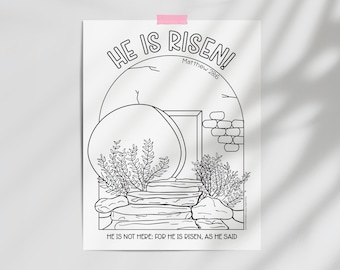 Afdrukbare He is Risen Easter-kleurplaat: Leeg graf opstandingsvel, afdrukbaar Pasen voor zondagsschool- en jeugdwerkkinderen (pdf-download)