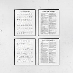 May include: Four black framed posters on a white wall. Two posters are titled "Music Symbols" and feature a grid of musical symbols. The other two posters are titled "Music Definitions" and feature text definitions of musical terms.
