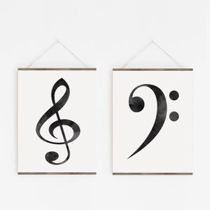 Treble and Bass Clef Art Prints, Set of 2 Music Symbols Posters, Black & White Music Decor, Watercolor Music Poster, Music Lover Wall Decor