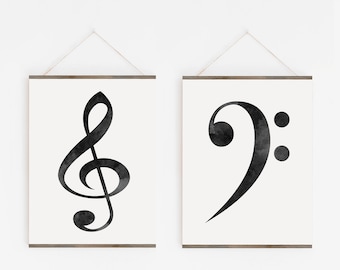 Watercolor Treble & Bass Clef Art Prints: Printable Music Symbols Wall Art, Music Room Decor for Musicians and Classrooms (Digital Download)