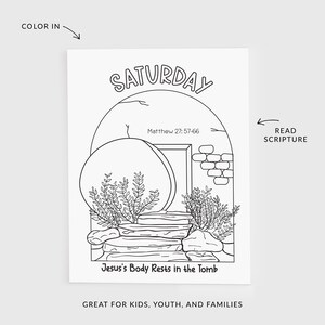Op de afbeelding: Zwart-wit kleurplaat met het woord "SATURDAY" bovenaan. De afbeelding toont een graf met een grote steen, planten en de tekst "Jesus's Body Rests in the Tomb". Bevat de tekst "Matthew 27:57-66".