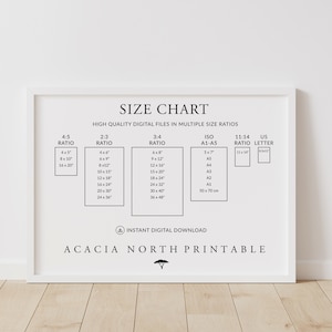 Puede incluir: Un gr&aacute;fico blanco con el t&iacute;tulo "Size Chart" y el texto "High Quality Digital Files in Multiple Size Ratios". El gr&aacute;fico enumera diferentes proporciones de tama&ntilde;o y sus dimensiones correspondientes en pulgadas y cent&iacute;metros. Las proporciones incluyen 4:5, 2:3, 3:4, ISO A1-A5 y 11:14. El gr&aacute;fico tambi&eacute;n incluye un tama&ntilde;o US Letter.