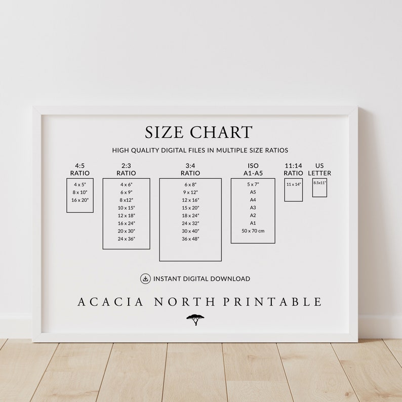 Puede incluir: Un gr&aacute;fico blanco con el t&iacute;tulo "Size Chart" y el texto "High Quality Digital Files in Multiple Size Ratios". El gr&aacute;fico enumera diferentes proporciones de tama&ntilde;o y sus dimensiones correspondientes en pulgadas y cent&iacute;metros. Las proporciones incluyen 4:5, 2:3, 3:4, ISO A1-A5 y 11:14. El gr&aacute;fico tambi&eacute;n incluye un tama&ntilde;o US Letter.