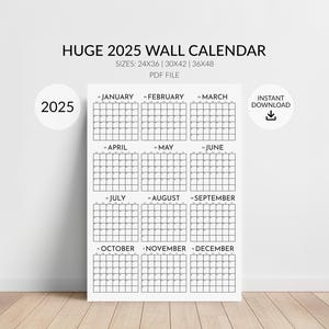 2025 Large Wall Calendar, Year at a Glance Planner, Home & Office Productivity Planner, Sizes 24x36, 30x42, 36x48, PDF, Digital Download
