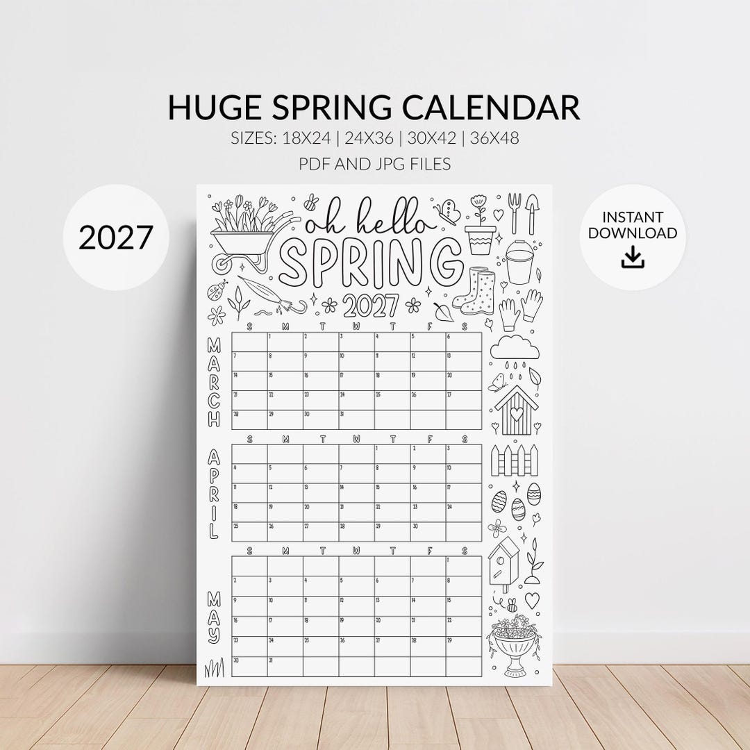 Spring Coloring Calendar Poster for 2027: Large 3-month Wall Planner ...